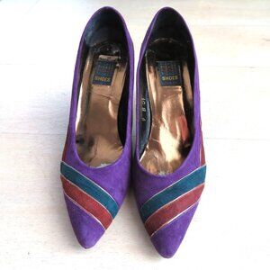 Vintage 80s Pizazz Purple Suede Heels Red Green Stripes Womens 9B